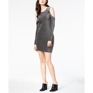 JOA Ruffle Cold Shoulder Glitter Metallic Sparkle Ruffle Stretch Dress